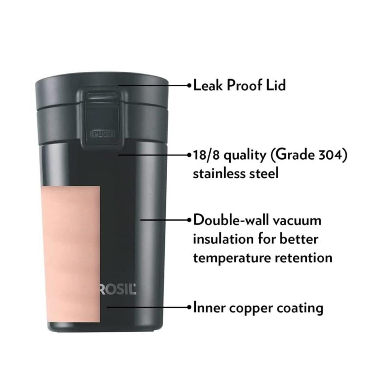 Borosil  Vacuum Insulated Hydra Coffeemate Stainless Steel Travel Mug  Spill Proof  Hot And Coldbt300blk110300ml