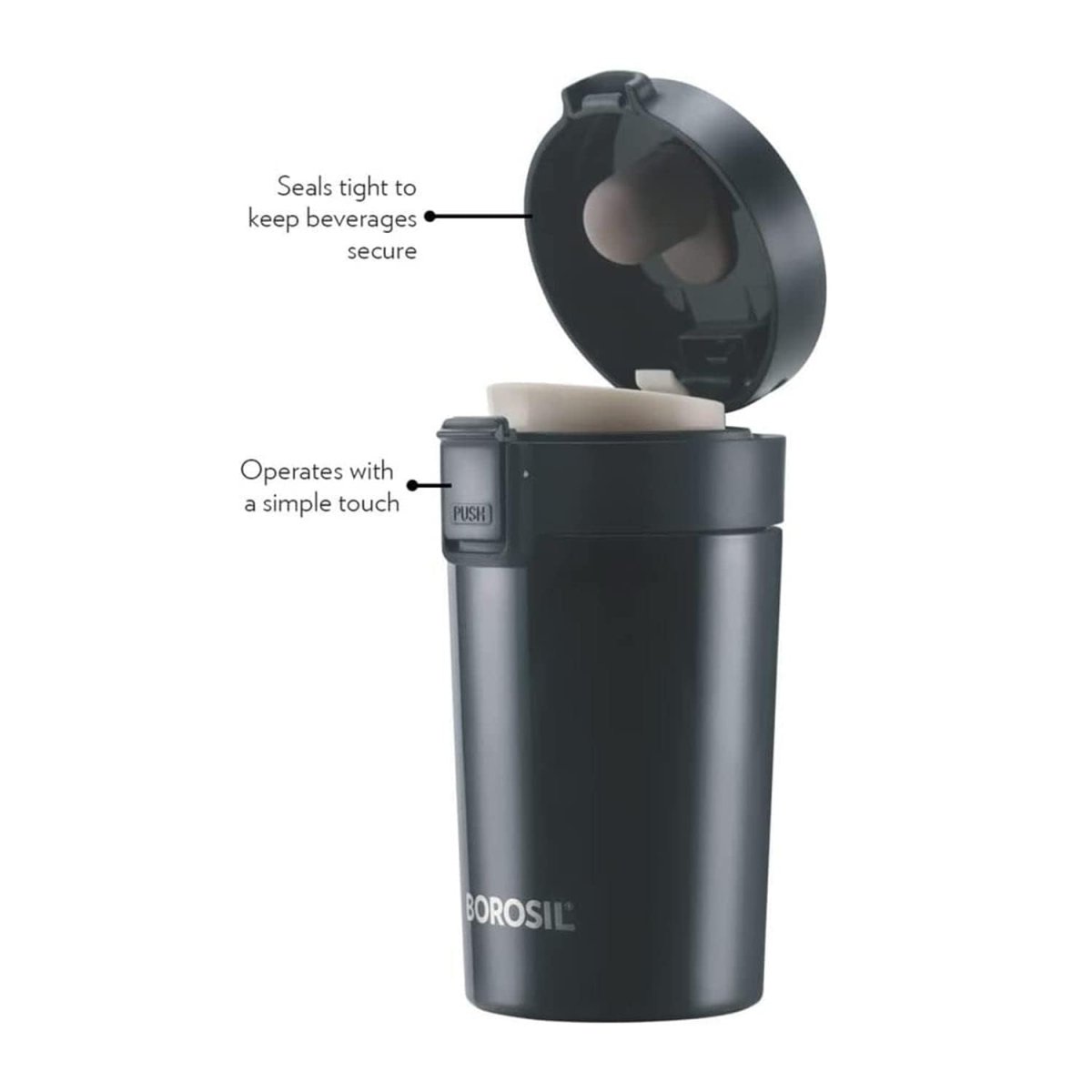 Borosil  Vacuum Insulated Hydra Coffeemate Stainless Steel Travel Mug  Spill Proof  Hot And Coldbt300blk110300ml