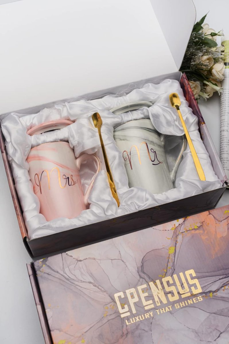 Cpensus Ceramic Marble Finish Coffee Mug With Lid  Spoon For Anniversary Wedding Engagement Valentine Gifts For Couple 380 Ml