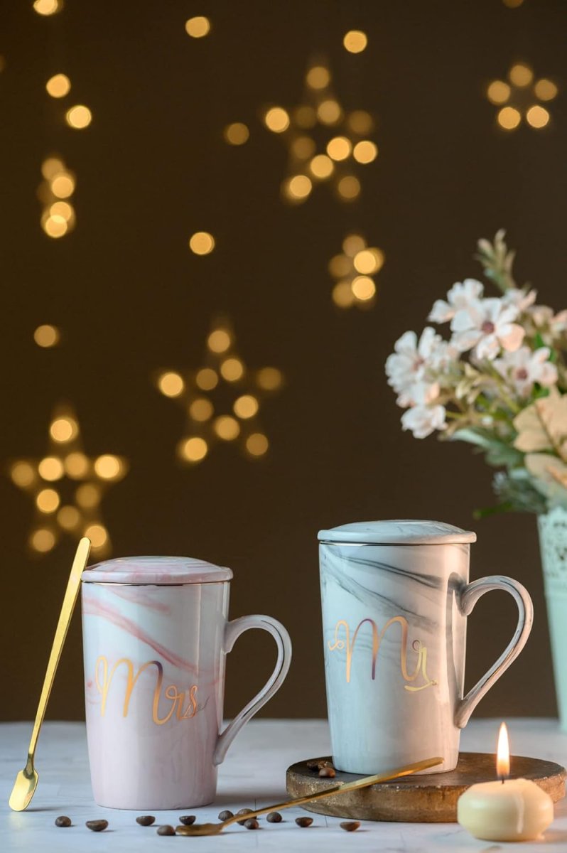 Cpensus Ceramic Marble Finish Coffee Mug With Lid  Spoon For Anniversary Wedding Engagement Valentine Gifts For Couple 380 Ml