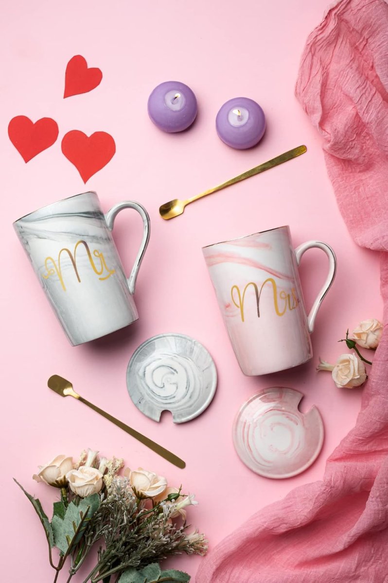 Cpensus Ceramic Marble Finish Coffee Mug With Lid  Spoon For Anniversary Wedding Engagement Valentine Gifts For Couple 380 Ml
