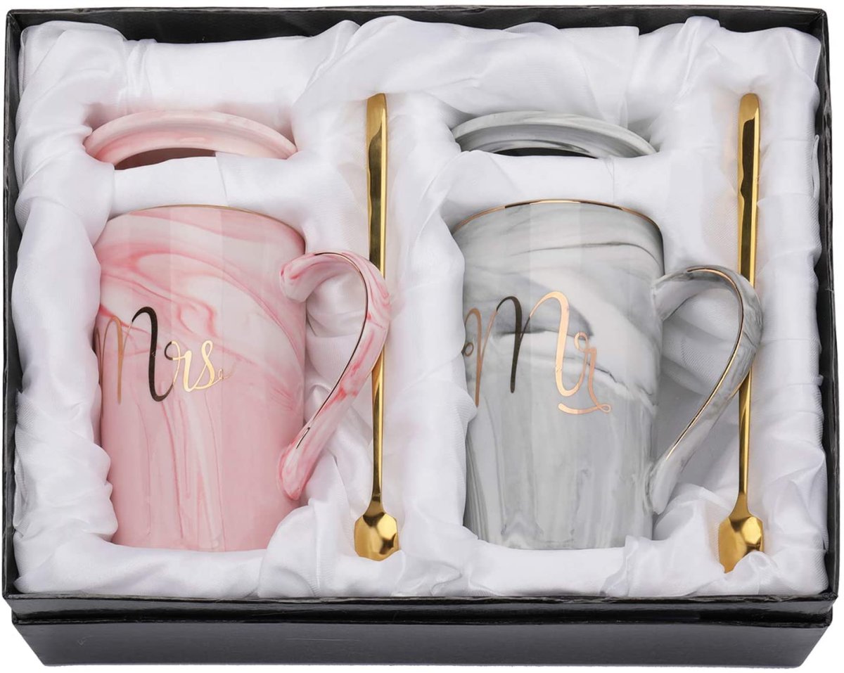 Cpensus Ceramic Marble Finish Coffee Mug With Lid  Spoon For Anniversary Wedding Engagement Valentine Gifts For Couple 380 Ml