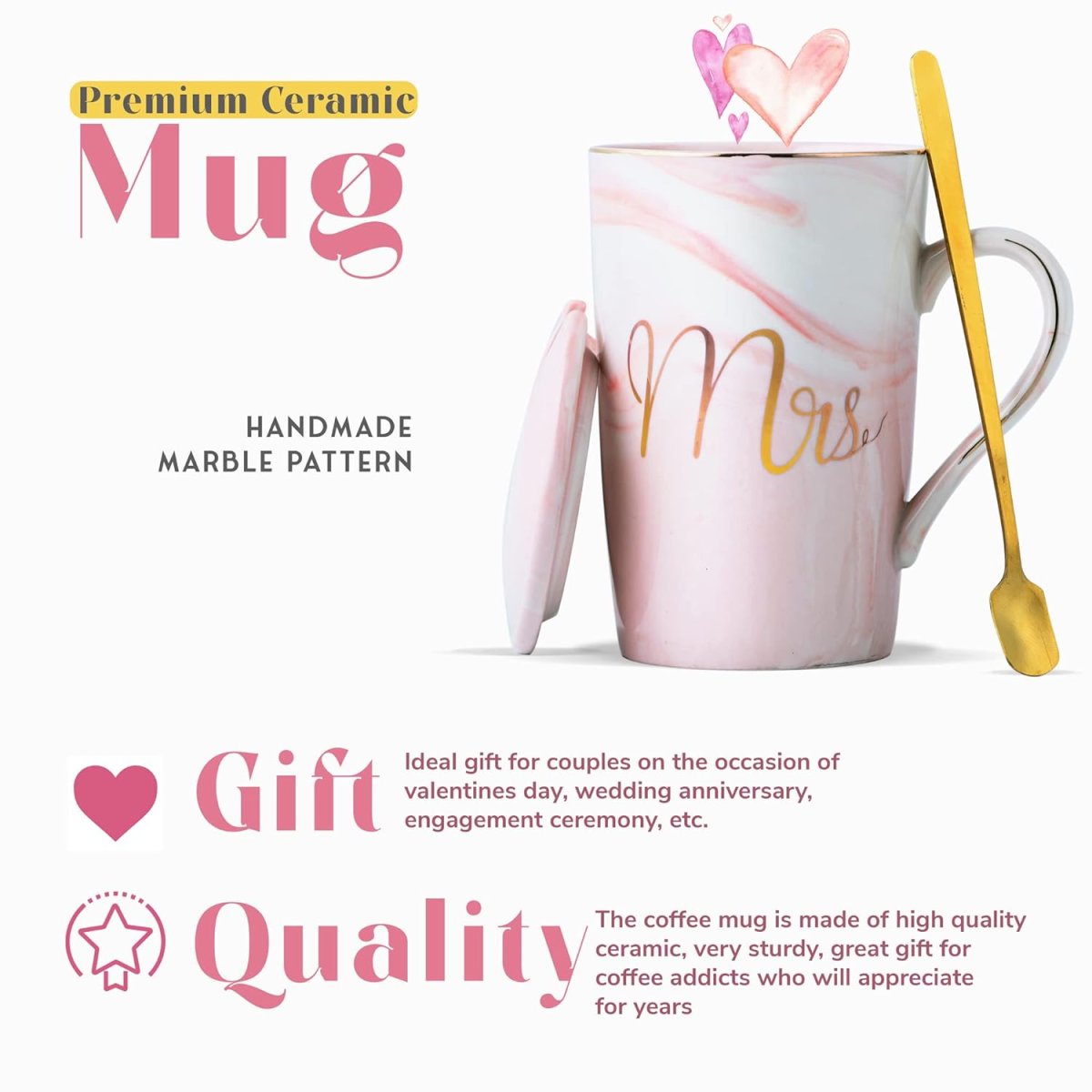 Cpensus Ceramic Marble Finish Coffee Mug With Lid  Spoon For Anniversary Wedding Engagement Valentine Gifts For Couple 380 Ml