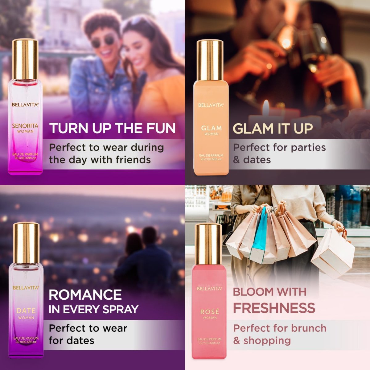 Bella Vita Luxury Long Lasting Women Gift Set  Perfume For Woman  4x20ml  Gifts For Women  Floral Fruity Premium Fragrance Scent  Date Senorita Glam Rose