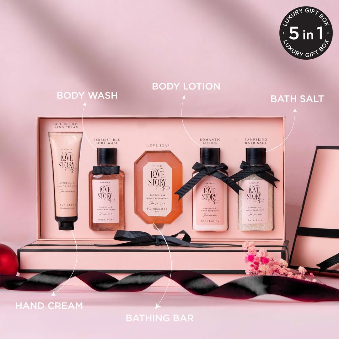 Kimirica Love Story Luxury Bath And Body Care Gift Set Box  Bath Salt Body Wash Body Lotion Bathing Bar And Hand Cream  Pack Of 5  For Men And Women  Pampering Kit For Birthday Anniversary  All Special Occasions  Premium Gift Packaging 100 Vegan