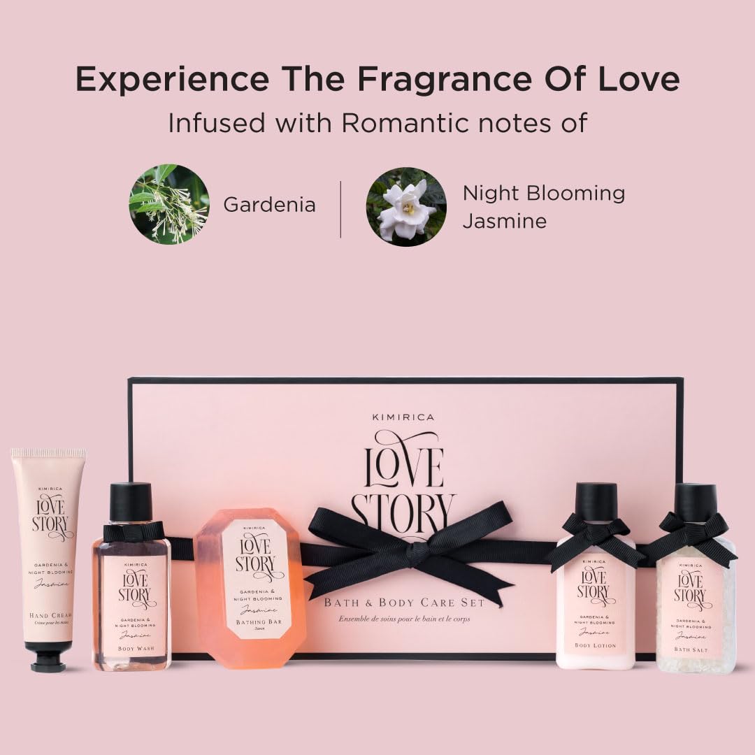 Kimirica Love Story Luxury Bath And Body Care Gift Set Box  Bath Salt Body Wash Body Lotion Bathing Bar And Hand Cream  Pack Of 5  For Men And Women  Pampering Kit For Birthday Anniversary  All Special Occasions  Premium Gift Packaging 100 Vegan