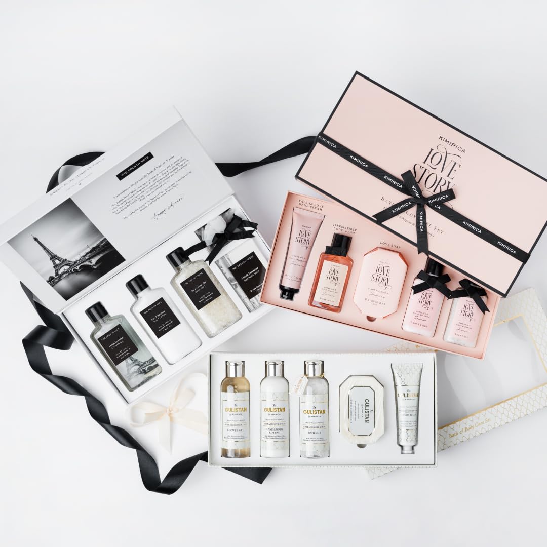 Kimirica Love Story Luxury Bath And Body Care Gift Set Box  Bath Salt Body Wash Body Lotion Bathing Bar And Hand Cream  Pack Of 5  For Men And Women  Pampering Kit For Birthday Anniversary  All Special Occasions  Premium Gift Packaging 100 Vegan