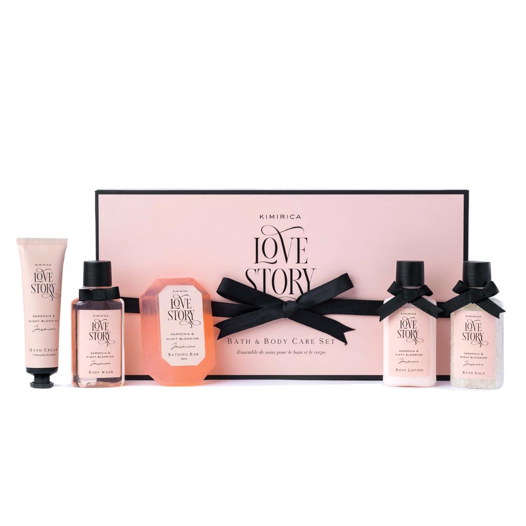 Kimirica Love Story Luxury Bath And Body Care Gift Set Box  Bath Salt Body Wash Body Lotion Bathing Bar And Hand Cream  Pack Of 5  For Men And Women  Pampering Kit For Birthday Anniversary  All Special Occasions  Premium Gift Packaging 100 Vegan