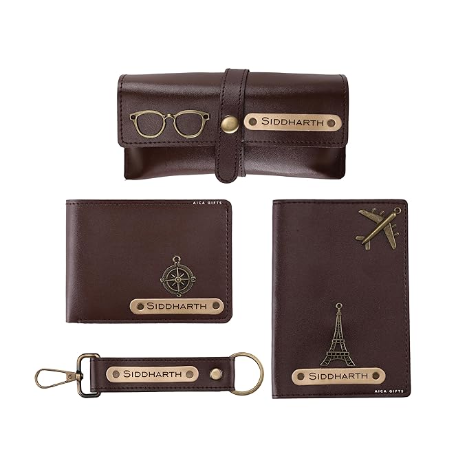 Aica Personalised Gift For Man Custom Name Wallet Accessories Combo Set For Husband Boyfriend Father Darkbrown
