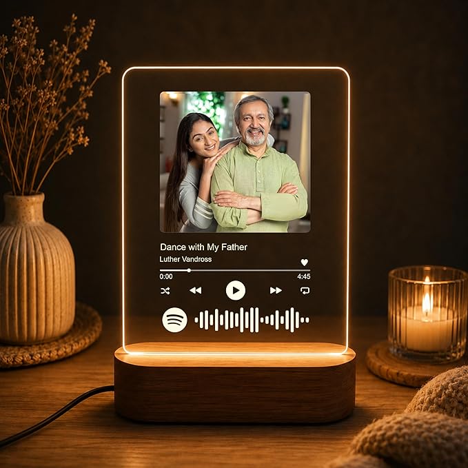 Giftplease Fathers Day Present Personalized Photo Frame With Led Light Wooden Stand  Custom Printed Transparent Clear Acrylic Picture Base 6x725 Inches  Spotify Music Song  Dad Grandpa Brother