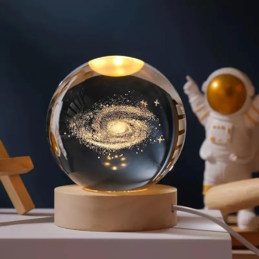 One94store 3d Galaxy Crystal Ball Night Lamp  Engraved Usb Table Led Wooden Light For Home Office Decoration And Birthday Gift Galaxywarm White