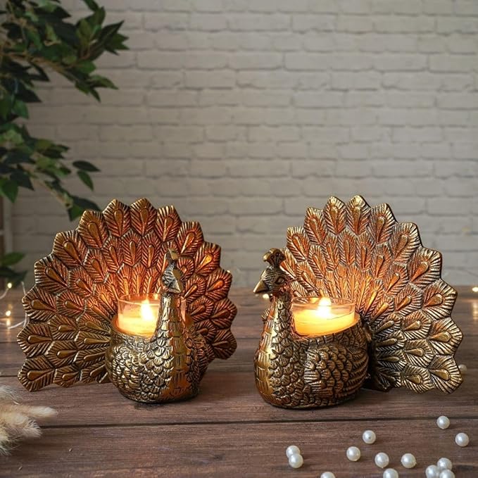 Behoma Aluminium Dancing Peacock Figurine Pair For Gold  Set Of 2  Birthday Wedding Anniversary Romantic Gift Womengood Luck Vastu Showpiece For Home Decor Living Room Festival Set Of 2
