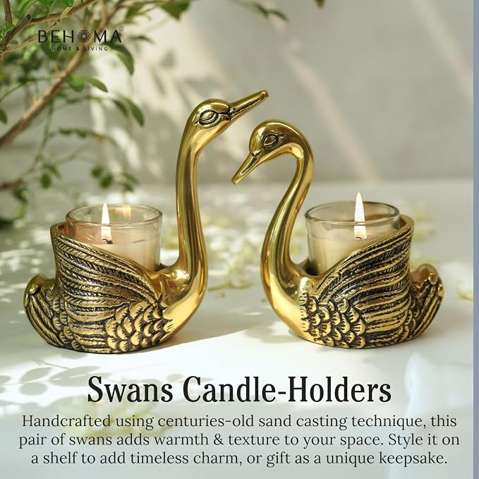 Behoma Aluminium Pair Of Swans With Gift Box Gold  Feng Shui Love Couple Gifts Votive Holder For Home Decor Living Room Showpiece Anniversary Wedding Votive Not Included