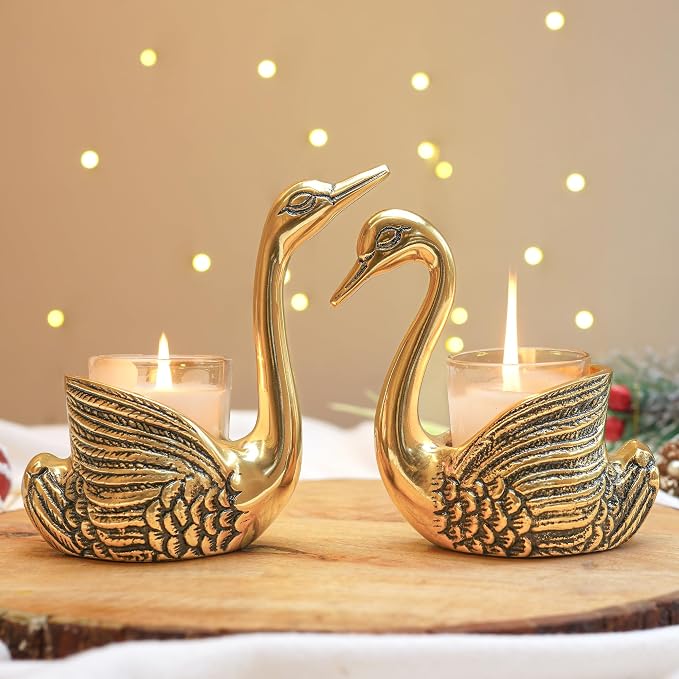 Behoma Aluminium Pair Of Swans With Gift Box Gold  Feng Shui Love Couple Gifts Votive Holder For Home Decor Living Room Showpiece Anniversary Wedding Votive Not Included