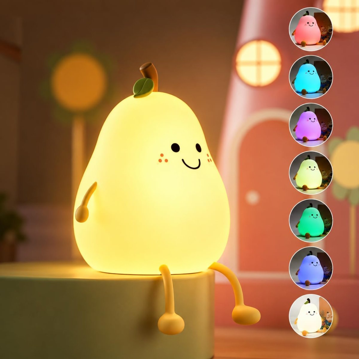 One94store Rechargeable Silicone Pear Night Lamp Touch Control 7 Color Led Baby Night Light For Kids Bedroom Nursery Bedside Decor Gift For Kids