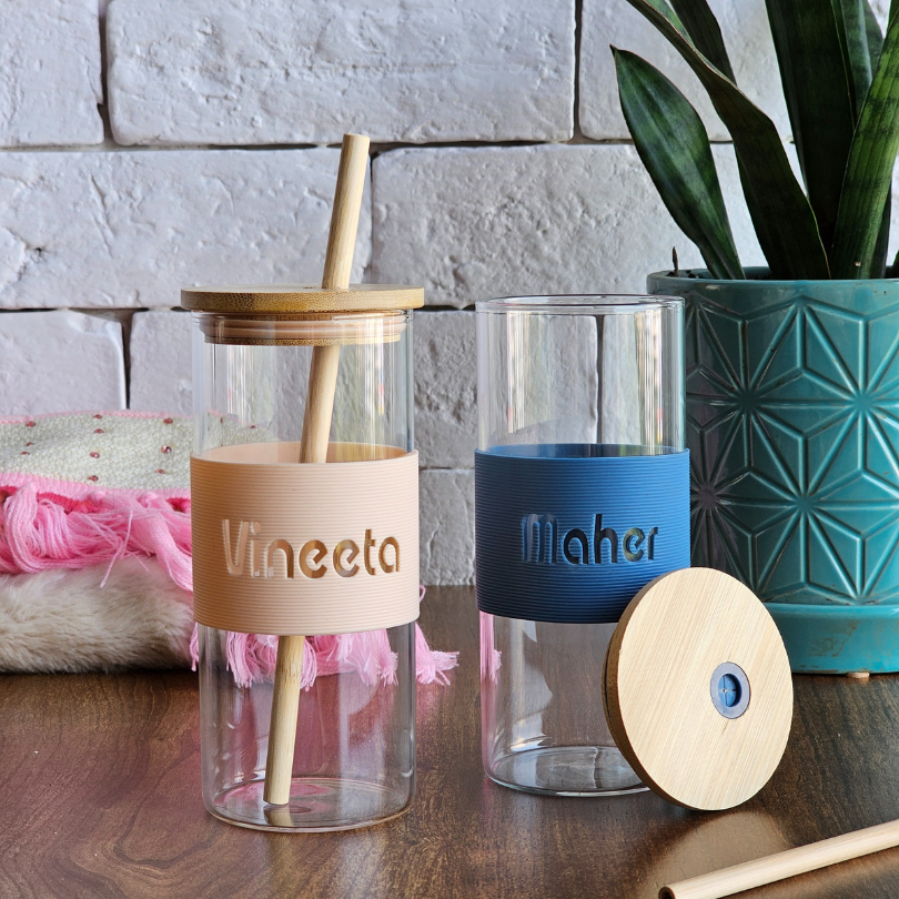 Customized Glass Tumblers With Silicone Band Bamboo Lid  Straw